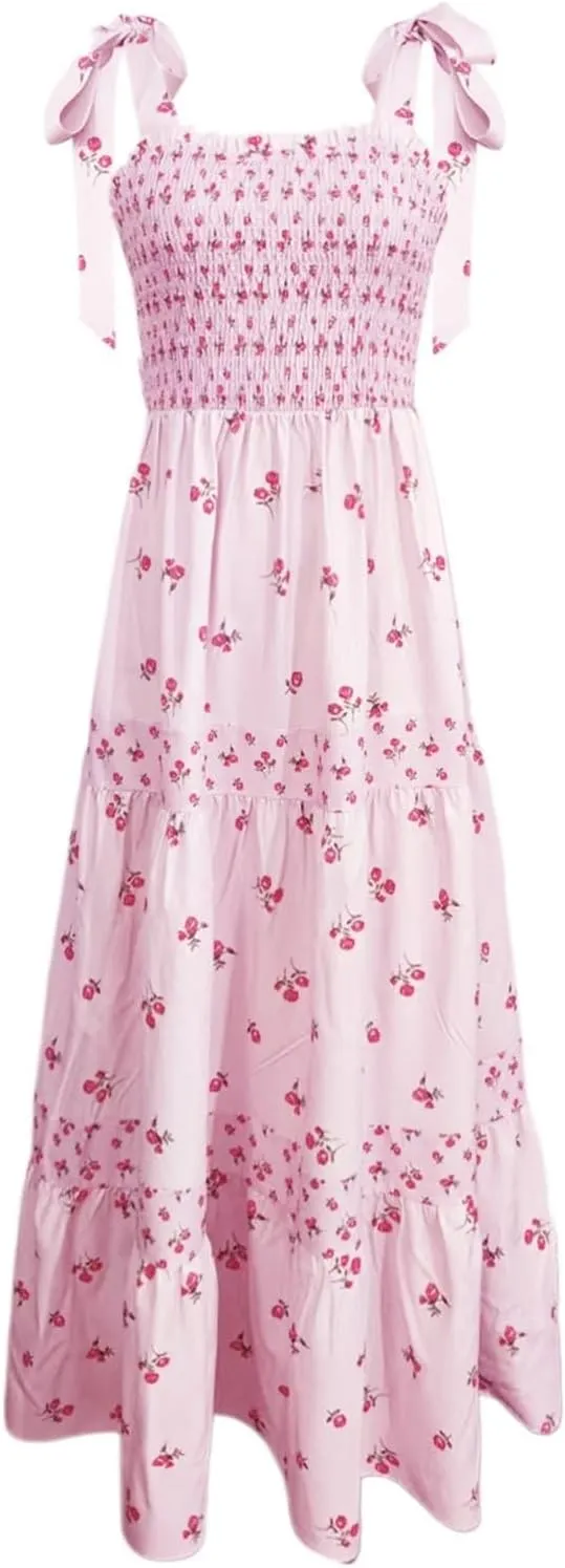 Women Boho Tie Shoulder Maxi Dress Y2k Floral Smocked Spaghetti Sleeveless Flowy Summer Lace Patchwork Beach Sundress
