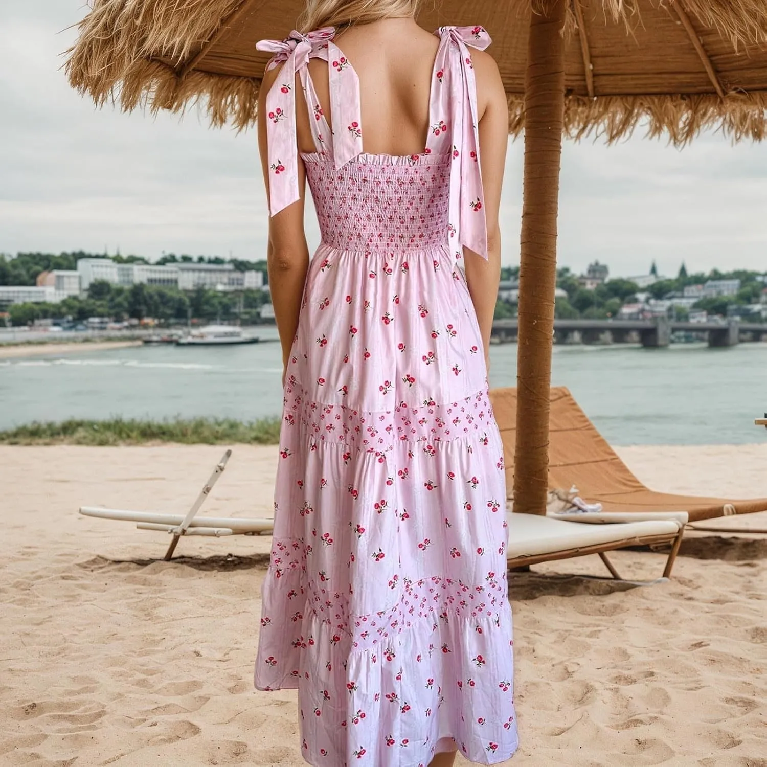 Women Boho Tie Shoulder Maxi Dress Y2k Floral Smocked Spaghetti Sleeveless Flowy Summer Lace Patchwork Beach Sundress