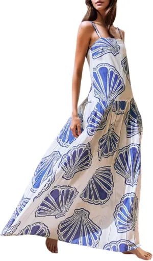 Women Boho Tie Shoulder Maxi Dress Y2k Floral Smocked Spaghetti Sleeveless Flowy Summer Lace Patchwork Beach Sundress