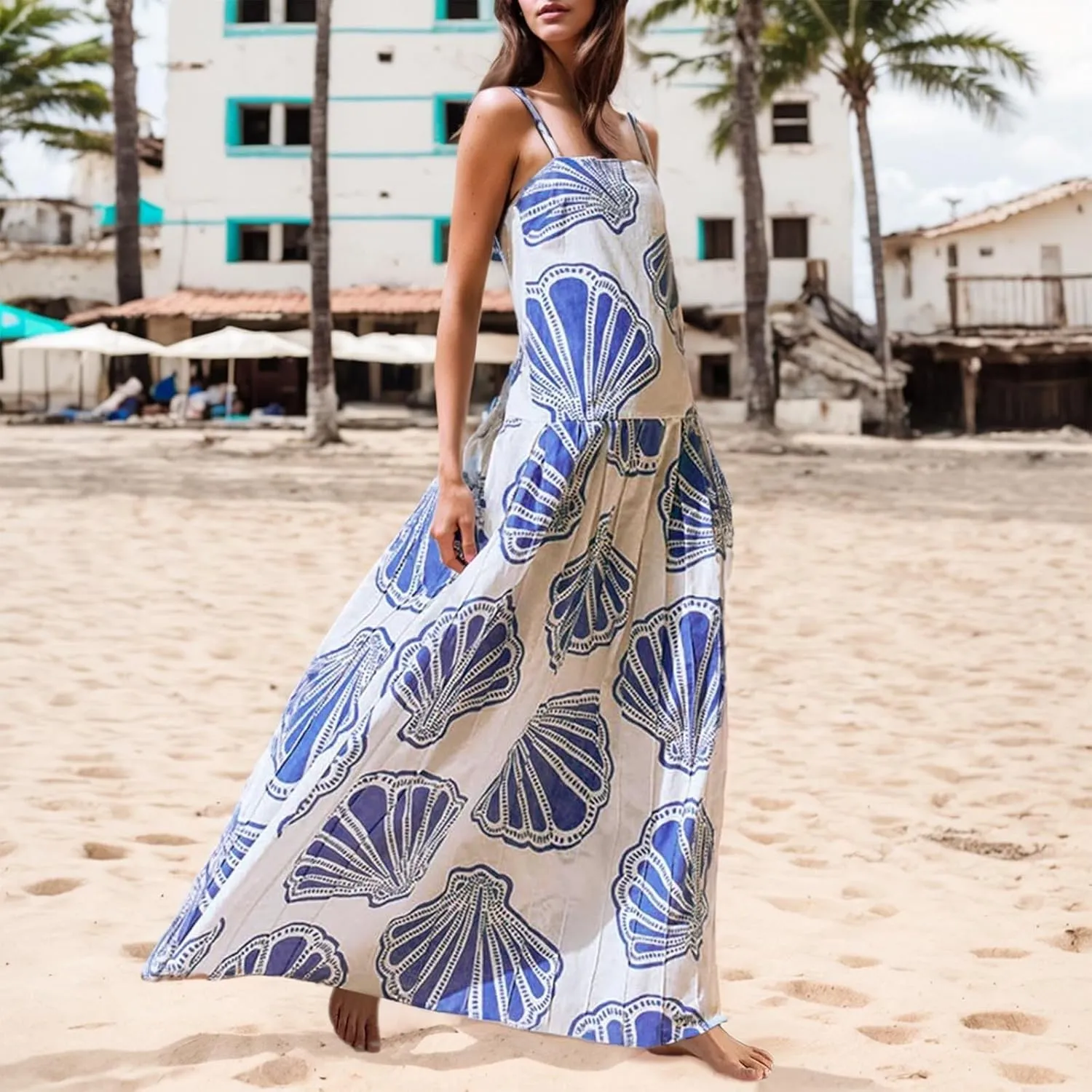 Women Boho Tie Shoulder Maxi Dress Y2k Floral Smocked Spaghetti Sleeveless Flowy Summer Lace Patchwork Beach Sundress
