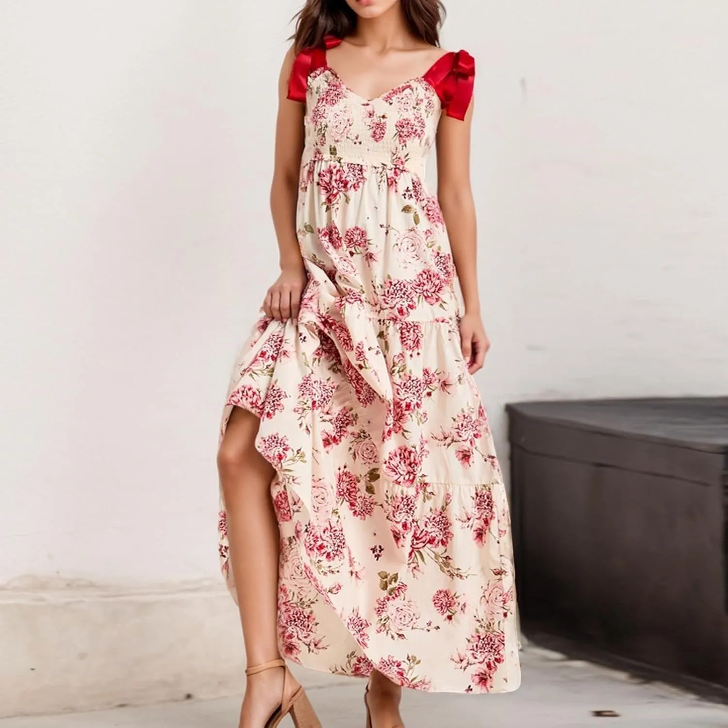 Women Boho Tie Shoulder Maxi Dress Y2k Floral Smocked Spaghetti Sleeveless Flowy Summer Lace Patchwork Beach Sundress