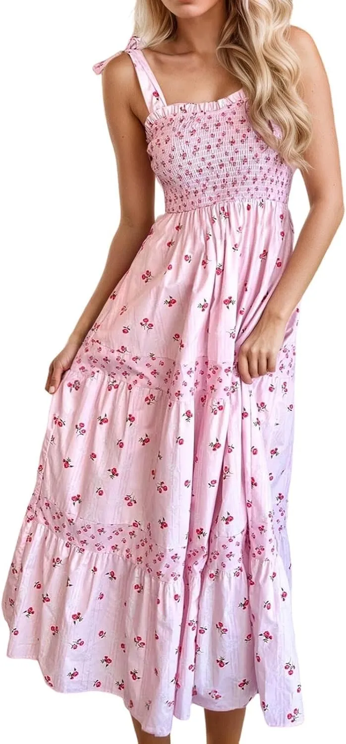 Women Boho Tie Shoulder Maxi Dress Y2k Floral Smocked Spaghetti Sleeveless Flowy Summer Lace Patchwork Beach Sundress