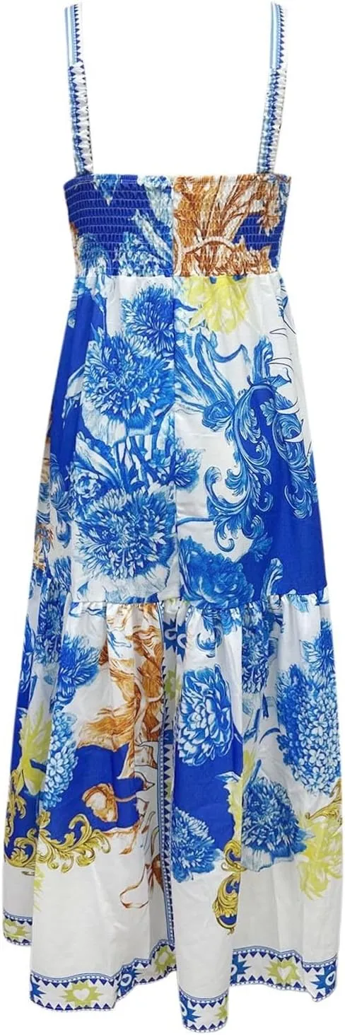Women Boho Tie Shoulder Maxi Dress Y2k Floral Smocked Spaghetti Sleeveless Flowy Summer Lace Patchwork Beach Sundress