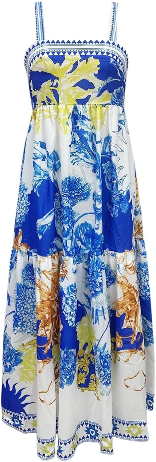 Women Boho Tie Shoulder Maxi Dress Y2k Floral Smocked Spaghetti Sleeveless Flowy Summer Lace Patchwork Beach Sundress
