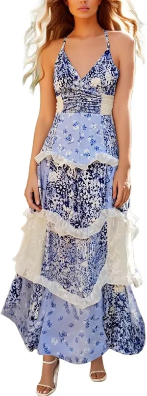 Women Boho Tie Shoulder Maxi Dress Y2k Floral Smocked Spaghetti Sleeveless Flowy Summer Lace Patchwork Beach Sundress