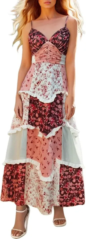 Women Boho Tie Shoulder Maxi Dress Y2k Floral Smocked Spaghetti Sleeveless Flowy Summer Lace Patchwork Beach Sundress
