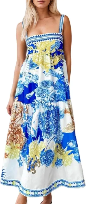 Women Boho Tie Shoulder Maxi Dress Y2k Floral Smocked Spaghetti Sleeveless Flowy Summer Lace Patchwork Beach Sundress