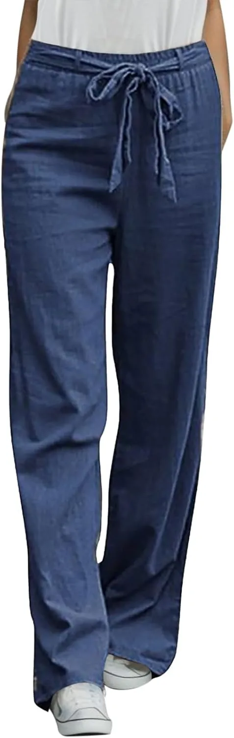 Women Business Casual Summer Pants Linen Cotton Adjustable Tie Knot Trousers Elastic Waist Baggy Solid Straight Leg Pants