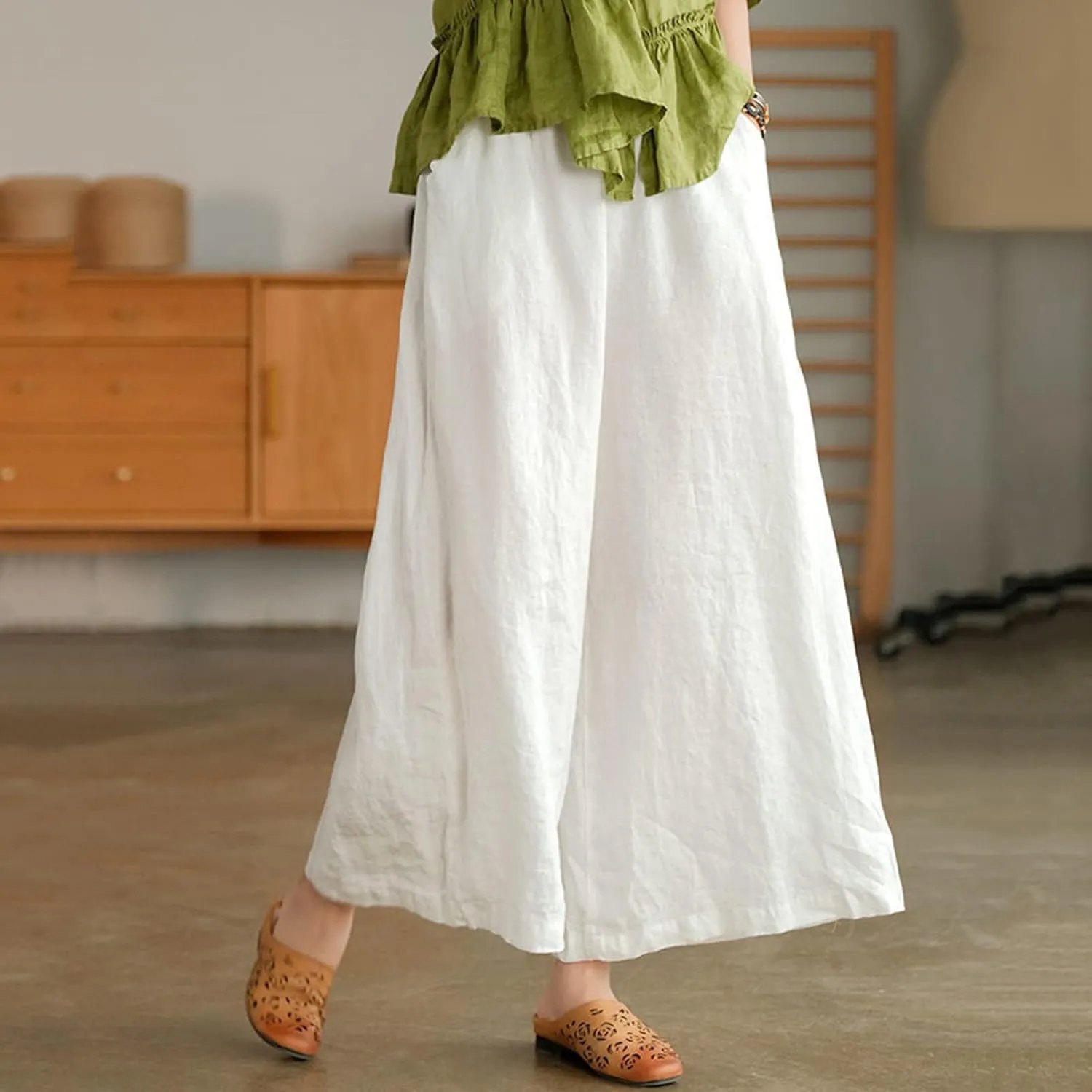 Women Casual High Waist Wide Leg Pants Cotton Linen Palazzo Pant Drawstring Elastic Waist Lounge Trouser with Pockets