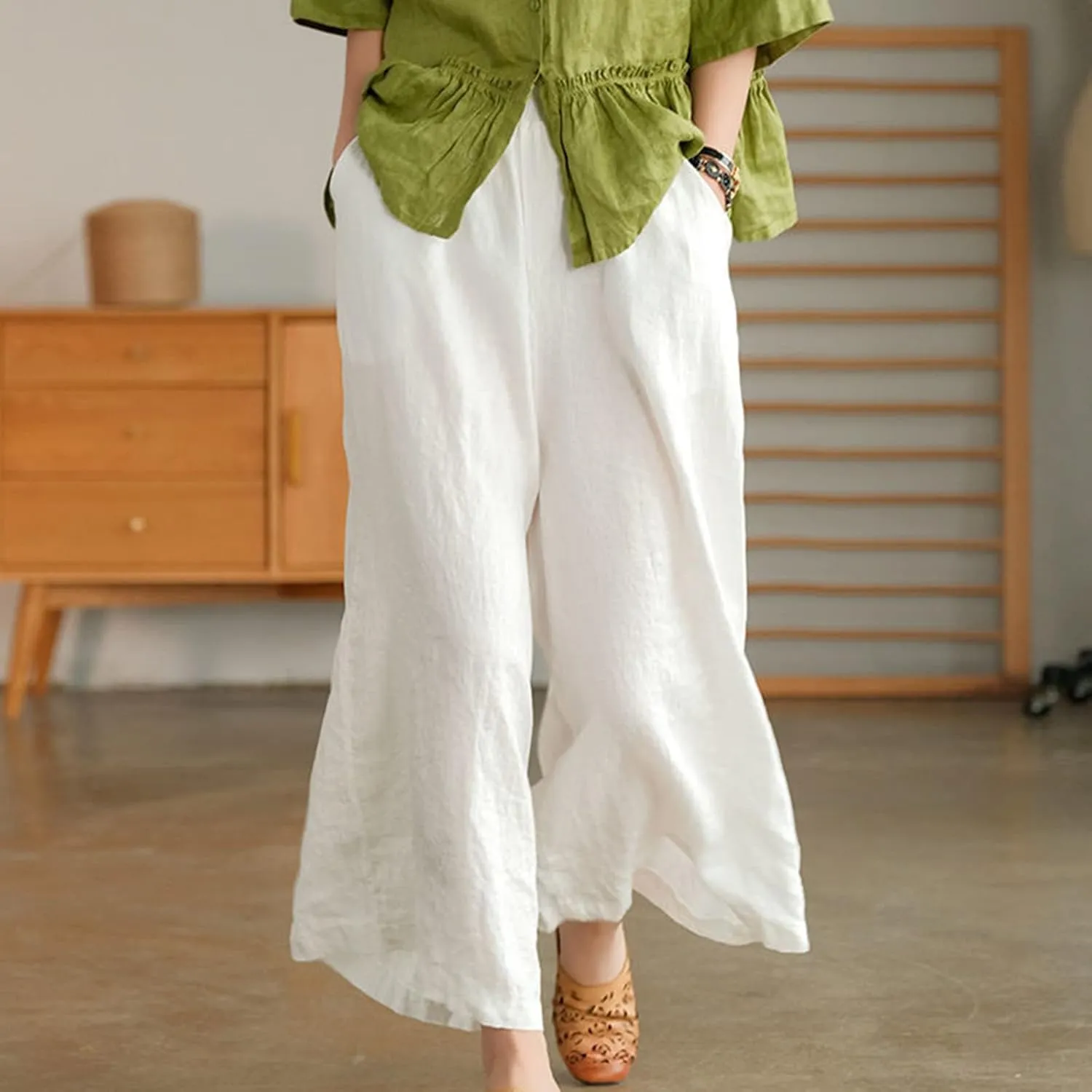 Women Casual High Waist Wide Leg Pants Cotton Linen Palazzo Pant Drawstring Elastic Waist Lounge Trouser with Pockets