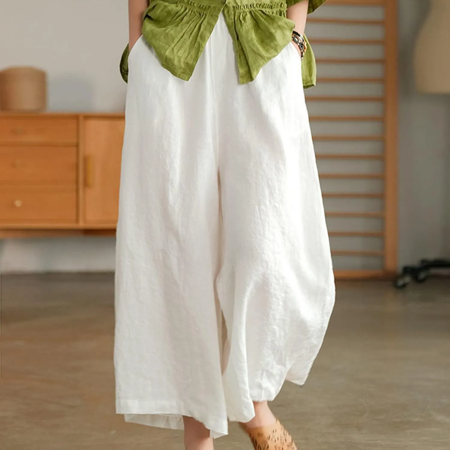 Women Casual High Waist Wide Leg Pants Cotton Linen Palazzo Pant Drawstring Elastic Waist Lounge Trouser with Pockets