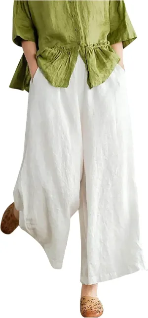 Women Casual High Waist Wide Leg Pants Cotton Linen Palazzo Pant Drawstring Elastic Waist Lounge Trouser with Pockets