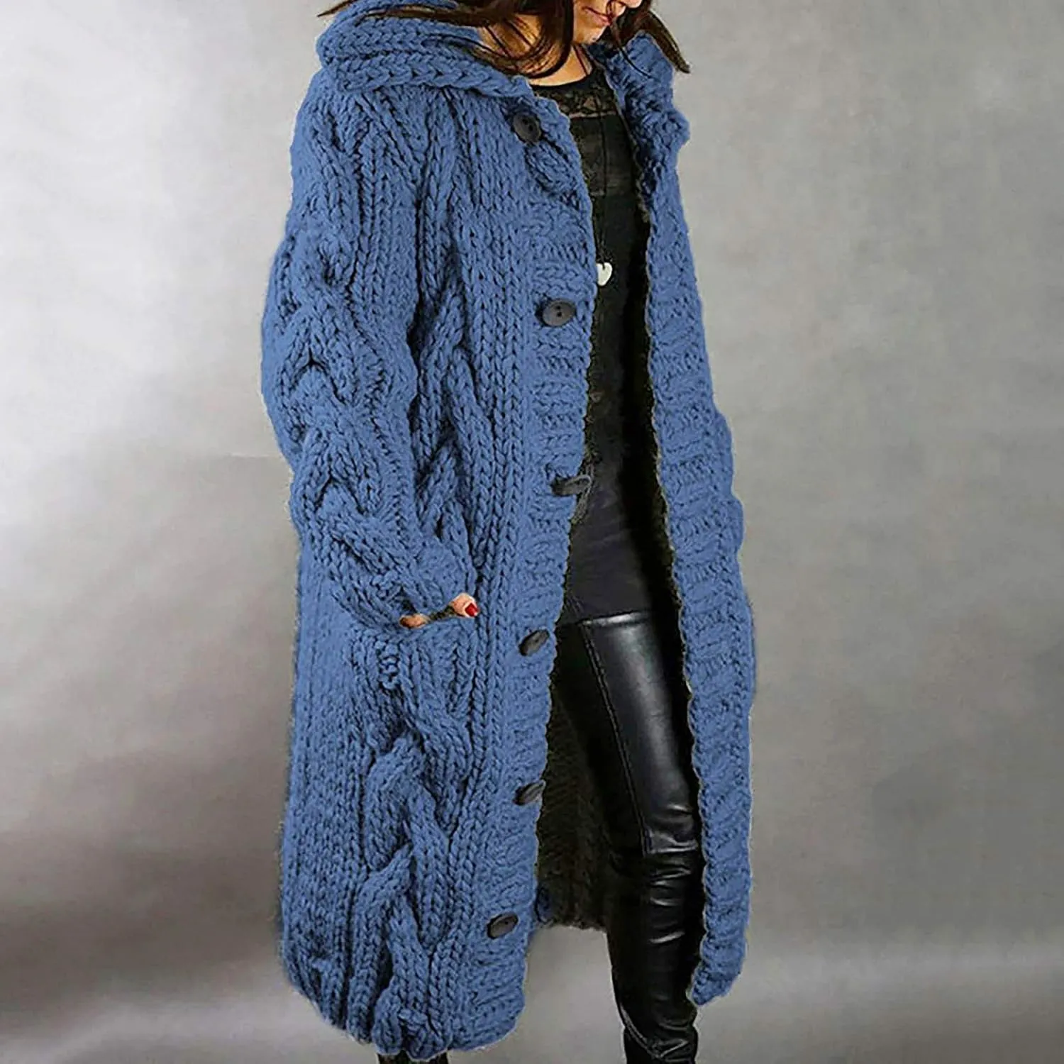 Women Coat Single Cardigan Sweater Pocket Hood Large Size Breasted Sleeves Long Women's Coat Open Front