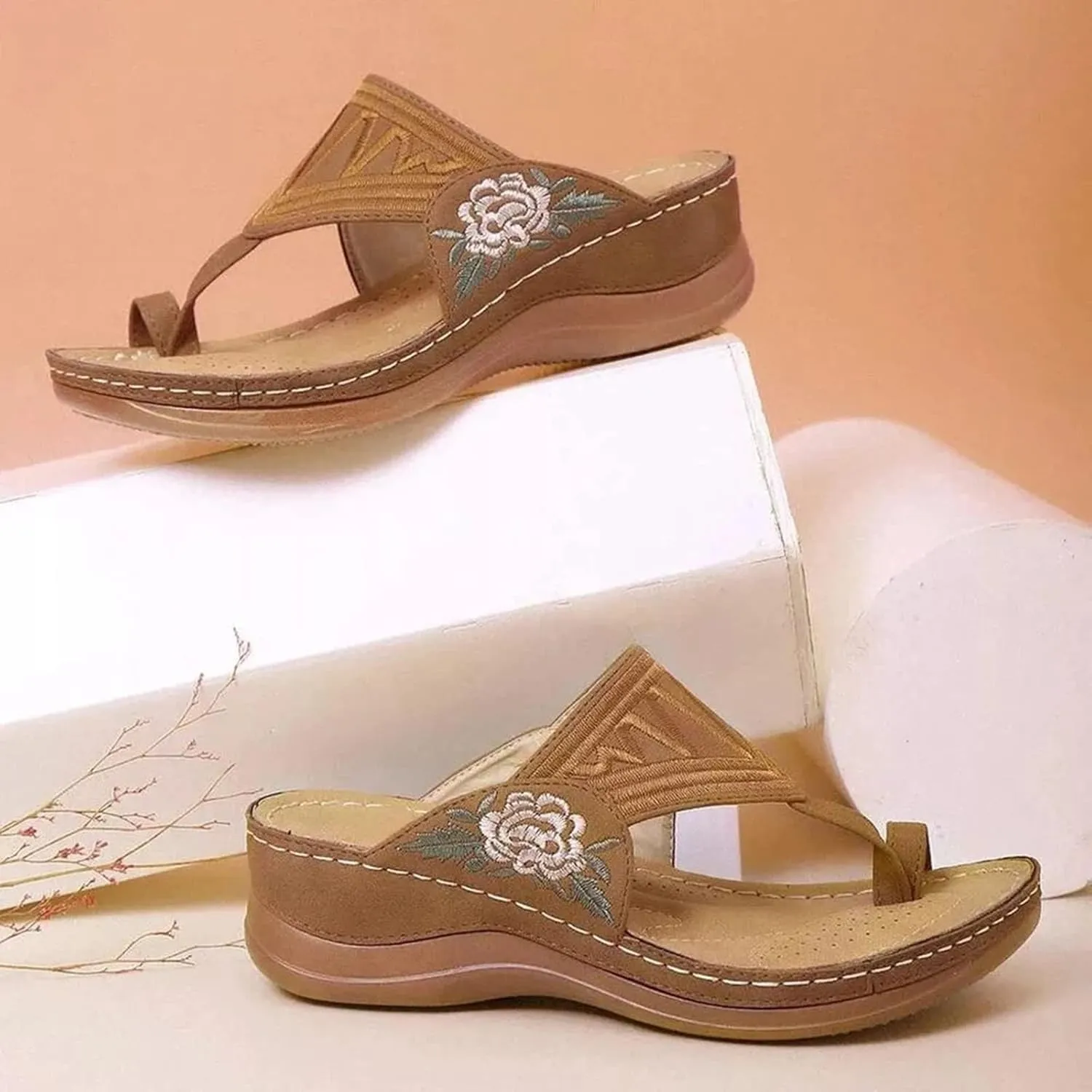 Women Comfortable Wedge Flip Flop Orthopedic Sandals Summer Casual Flower Embroidered Thong Clip Toe Slip-on Slipper Ergonomic Soles Slides Beach Shoes