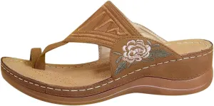 Women Comfortable Wedge Flip Flop Orthopedic Sandals Summer Casual Flower Embroidered Thong Clip Toe Slip-on Slipper Ergonomic Soles Slides Beach Shoes
