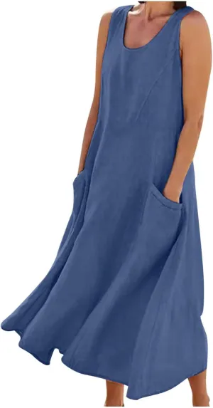 Women Cotton Linen Dresses 2024 Boho Casual Summer Maxi Dress Sleeveless Long Sundress Trendy Beach Vacation Clothing