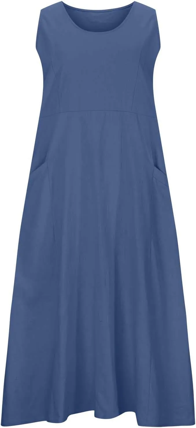 Women Cotton Linen Dresses 2024 Boho Casual Summer Maxi Dress Sleeveless Long Sundress Trendy Beach Vacation Clothing