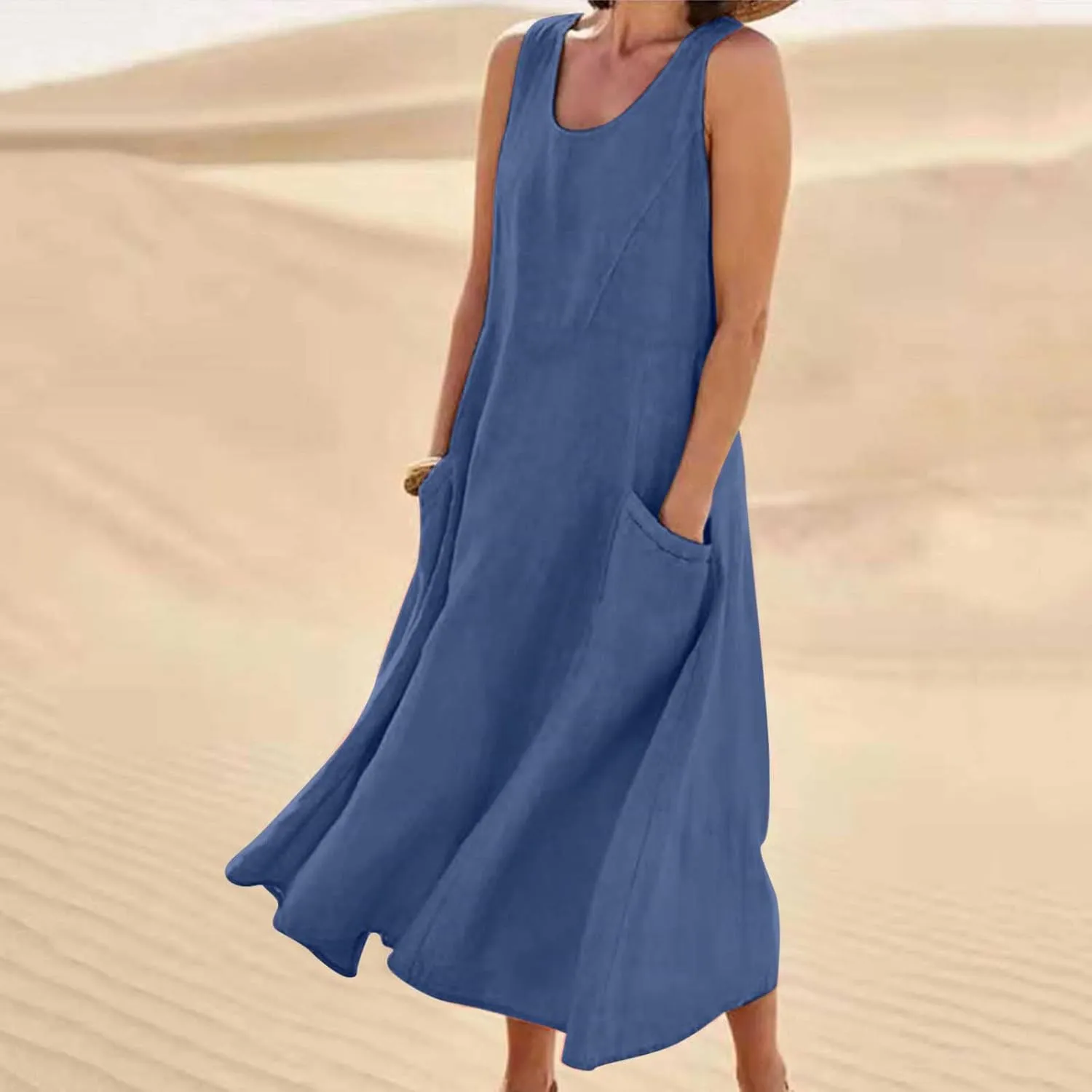 Women Cotton Linen Dresses 2024 Boho Casual Summer Maxi Dress Sleeveless Long Sundress Trendy Beach Vacation Clothing