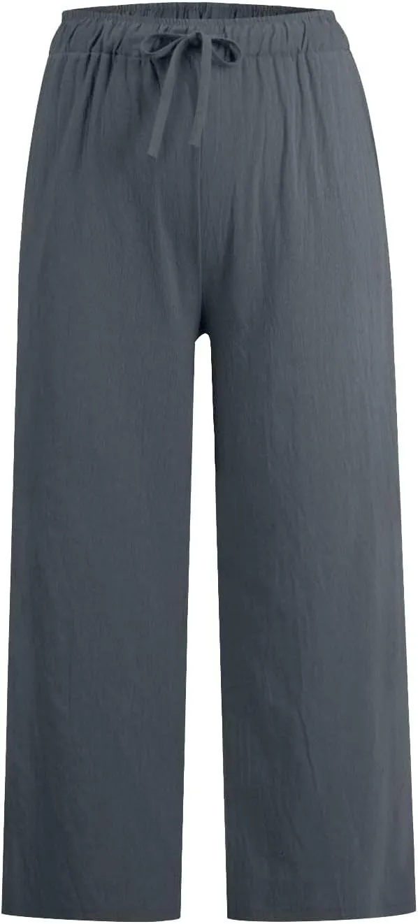 Women Cropped Trousers Cotton Linen Capri Pants Joggers Drawstring Bottoms Elasticated Shorts 3/4 Length Trouser