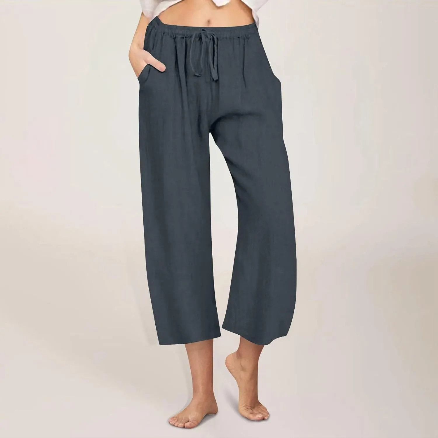 Women Cropped Trousers Cotton Linen Capri Pants Joggers Drawstring Bottoms Elasticated Shorts 3/4 Length Trouser