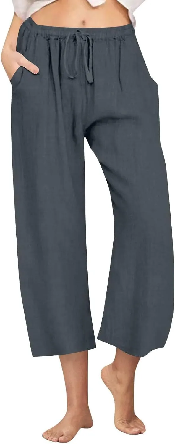 Women Cropped Trousers Cotton Linen Capri Pants Joggers Drawstring Bottoms Elasticated Shorts 3/4 Length Trouser