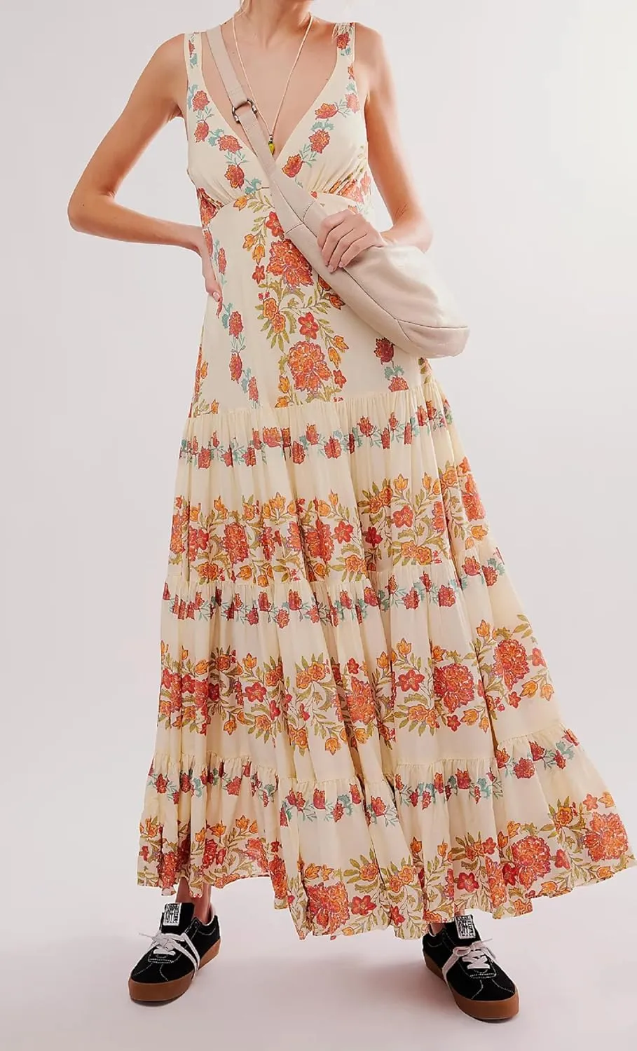 Women Cute Boho Flowy Maxi Dress Spaghetti Strap V Neck Smocked Long Dress Y2K Patchwork Floral Beach Sundress