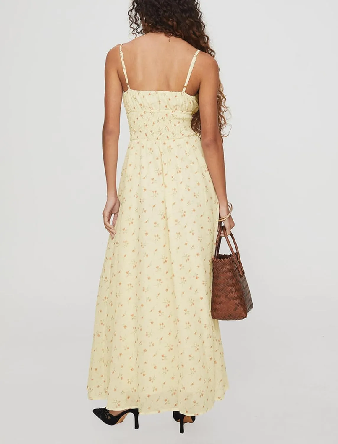 Women Cute Boho Flowy Maxi Dress Spaghetti Strap V Neck Smocked Long Dress Y2K Patchwork Floral Beach Sundress