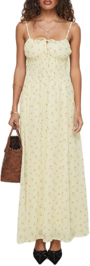 Women Cute Boho Flowy Maxi Dress Spaghetti Strap V Neck Smocked Long Dress Y2K Patchwork Floral Beach Sundress