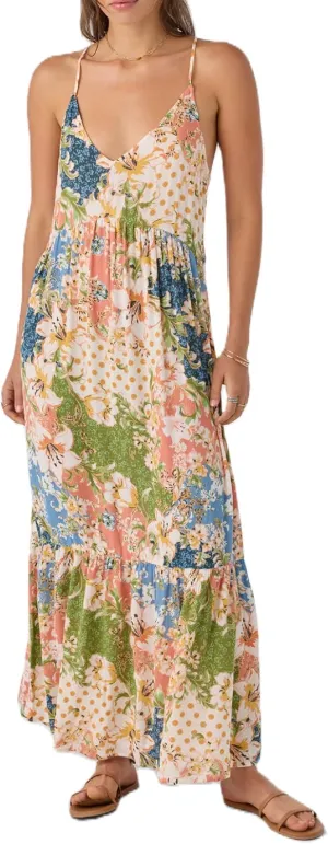 Women Cute Boho Flowy Maxi Dress Spaghetti Strap V Neck Smocked Long Dress Y2K Patchwork Floral Beach Sundress