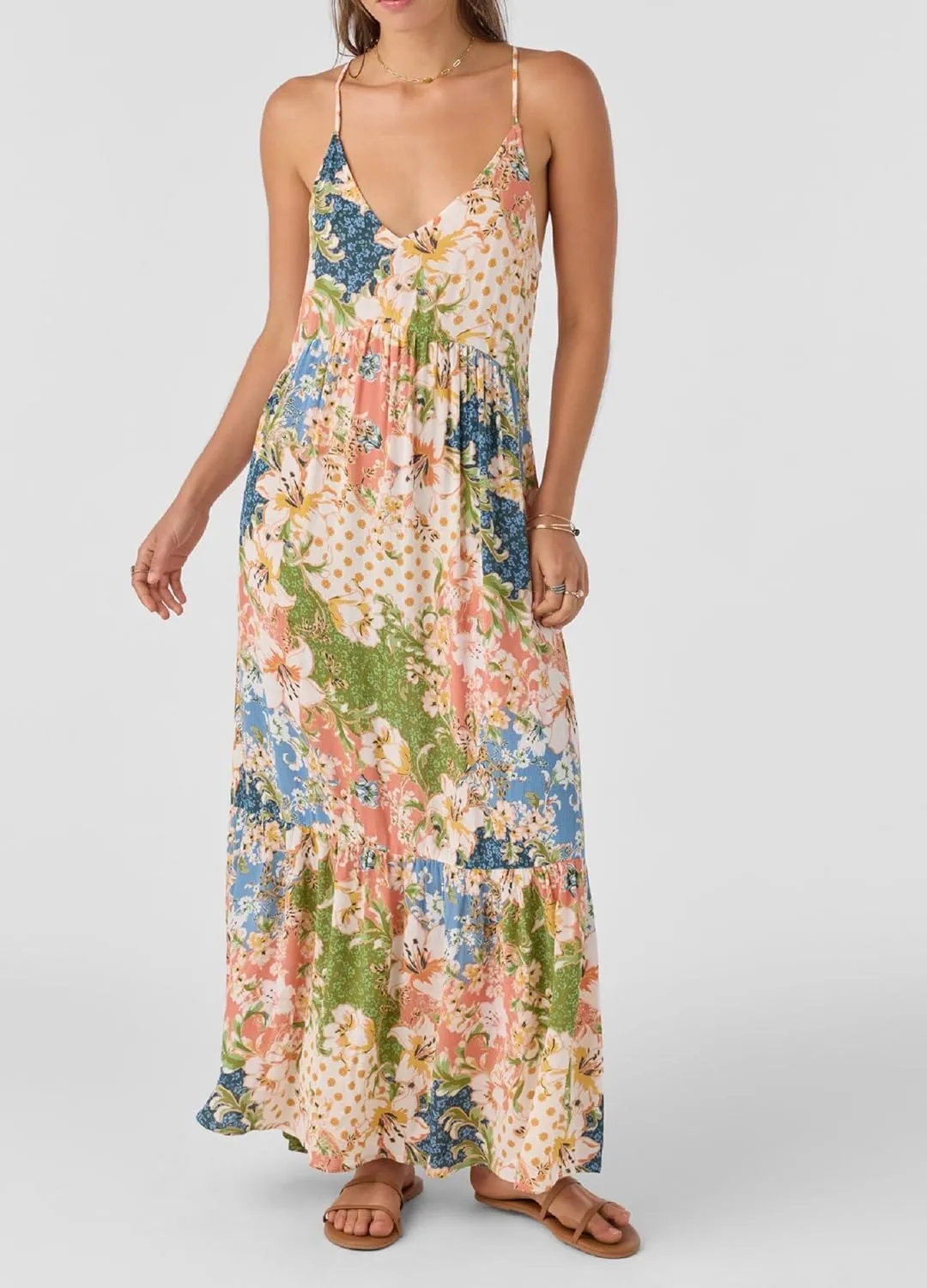 Women Cute Boho Flowy Maxi Dress Spaghetti Strap V Neck Smocked Long Dress Y2K Patchwork Floral Beach Sundress
