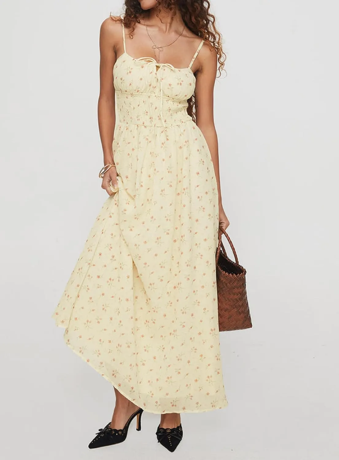 Women Cute Boho Flowy Maxi Dress Spaghetti Strap V Neck Smocked Long Dress Y2K Patchwork Floral Beach Sundress