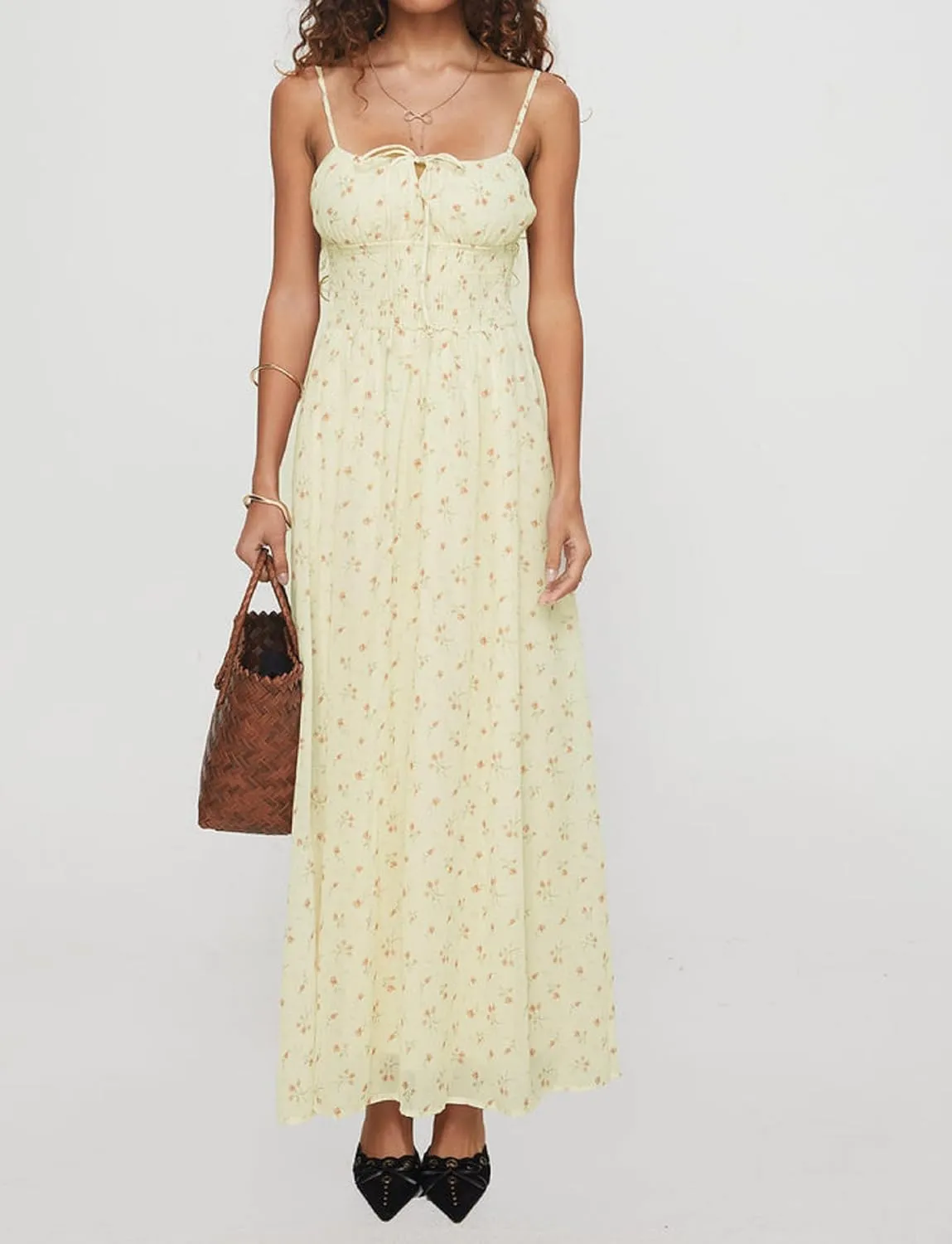 Women Cute Boho Flowy Maxi Dress Spaghetti Strap V Neck Smocked Long Dress Y2K Patchwork Floral Beach Sundress