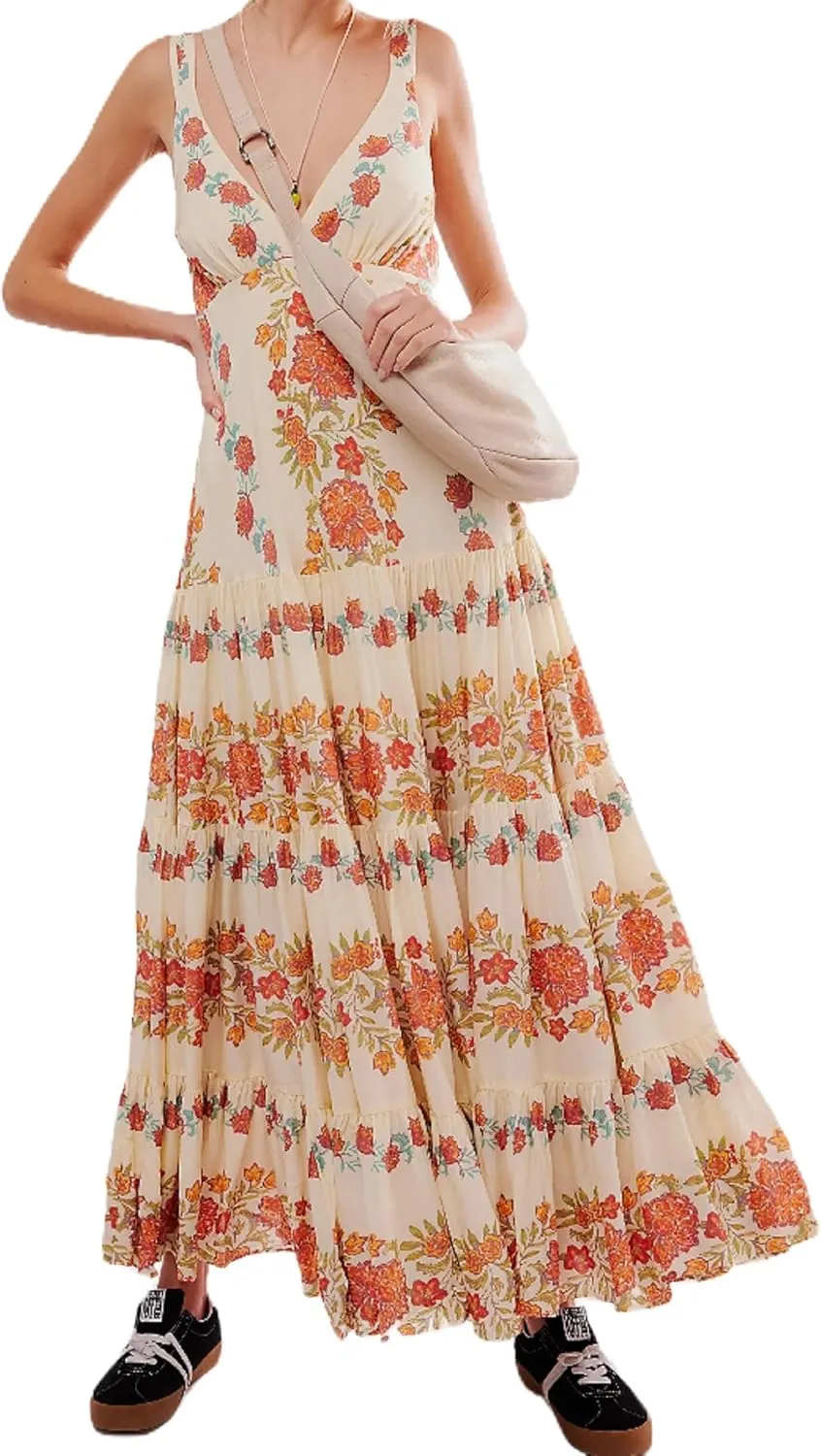 Women Cute Boho Flowy Maxi Dress Spaghetti Strap V Neck Smocked Long Dress Y2K Patchwork Floral Beach Sundress
