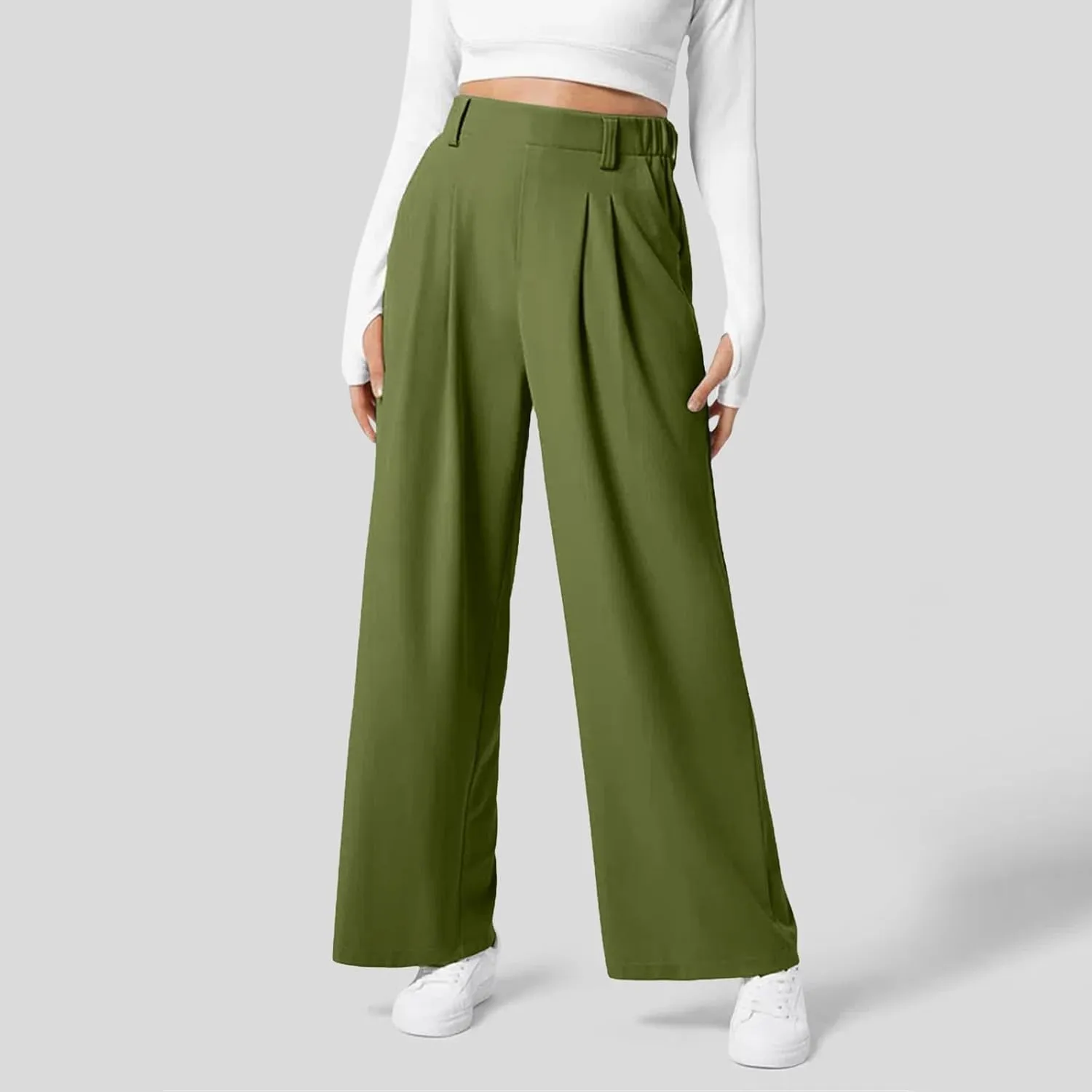 Women Fashion Casual Solid Color Wide Leg Elastic Pants Work Business High Waisted Dress Pants Flowy Trousers
