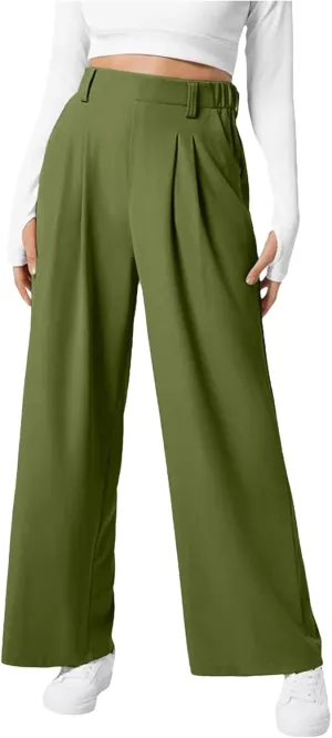Women Fashion Casual Solid Color Wide Leg Elastic Pants Work Business High Waisted Dress Pants Flowy Trousers