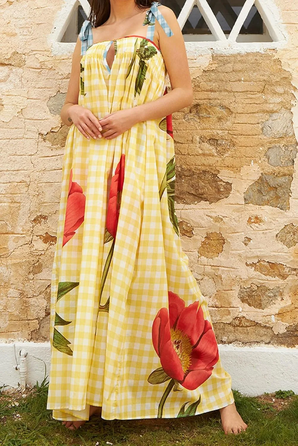 Women Floral Boho Tie Shoulder Beach Maxi Dress Vintage Flower Smocked Flowy Dress Tiered Summer Vocation Sundress