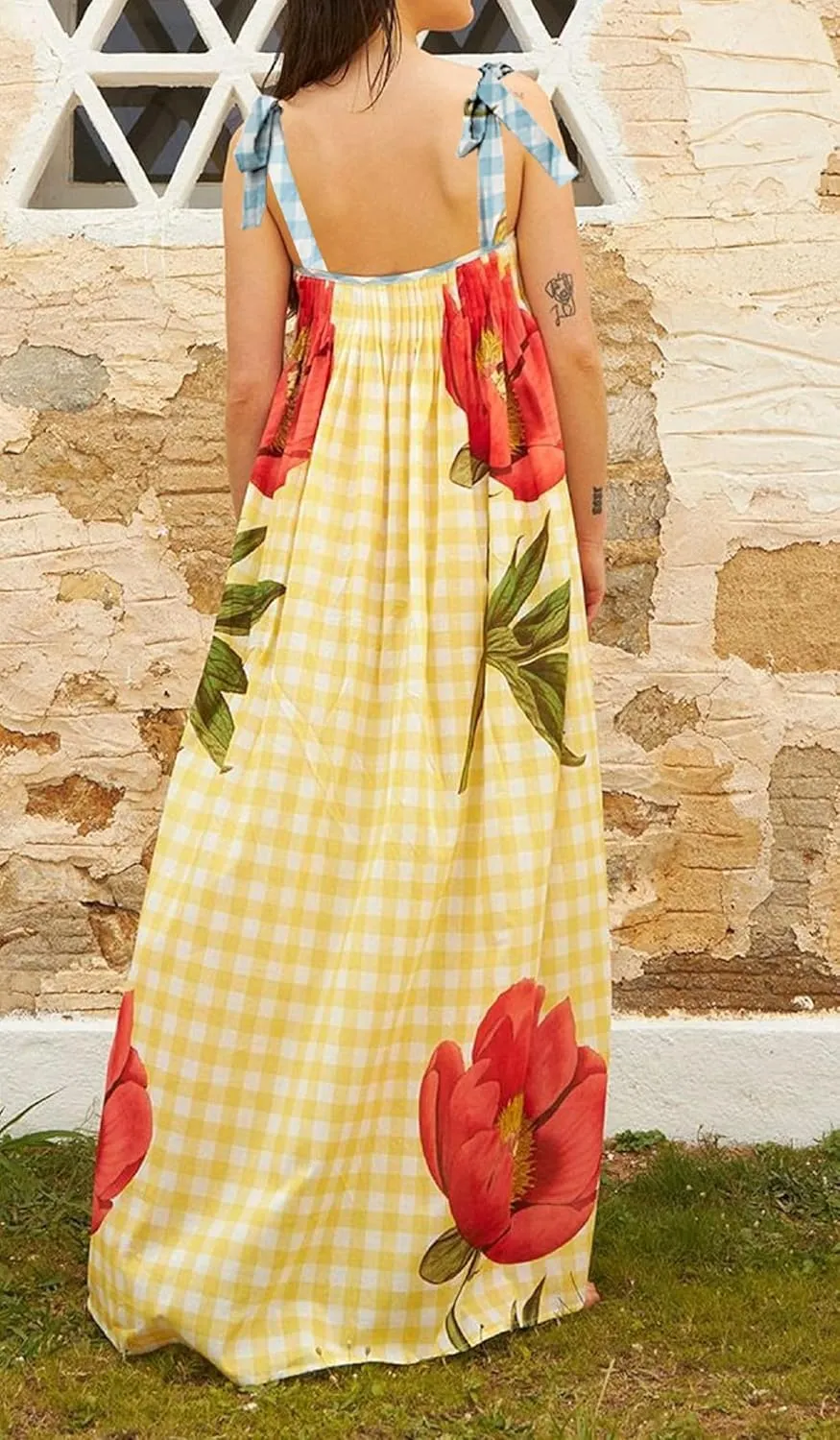 Women Floral Boho Tie Shoulder Beach Maxi Dress Vintage Flower Smocked Flowy Dress Tiered Summer Vocation Sundress