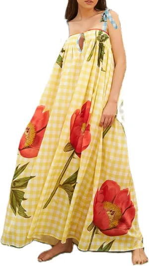 Women Floral Boho Tie Shoulder Beach Maxi Dress Vintage Flower Smocked Flowy Dress Tiered Summer Vocation Sundress