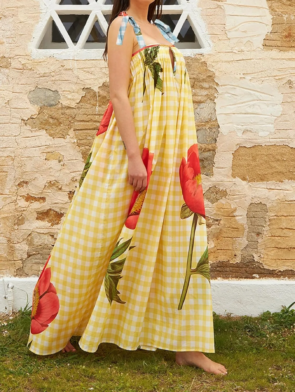 Women Floral Boho Tie Shoulder Beach Maxi Dress Vintage Flower Smocked Flowy Dress Tiered Summer Vocation Sundress