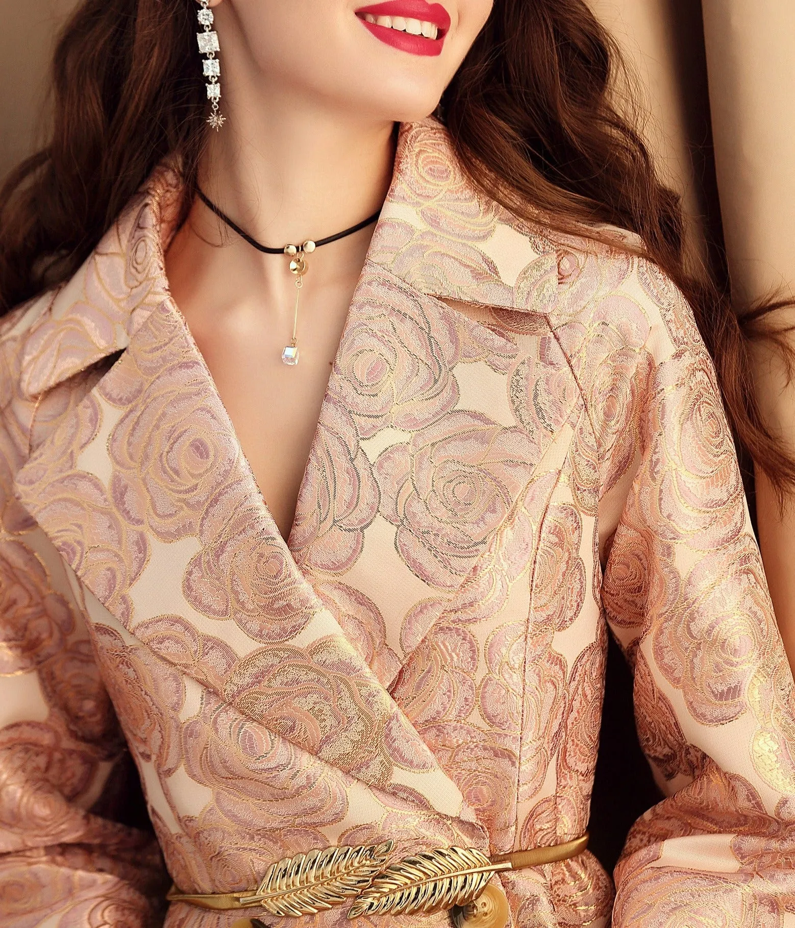 Women Floral Trench  Jacquard Outfit Coats