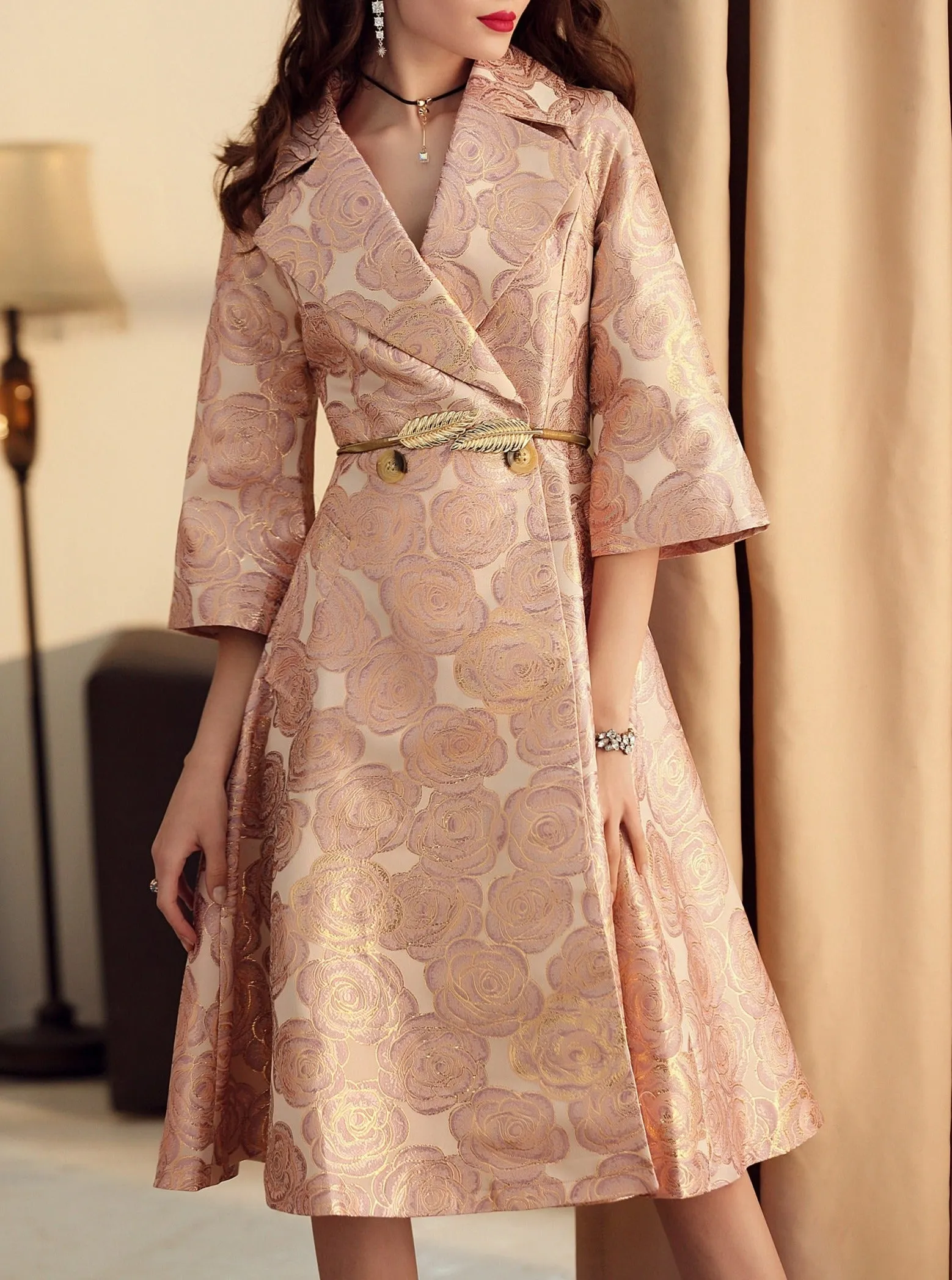 Women Floral Trench  Jacquard Outfit Coats