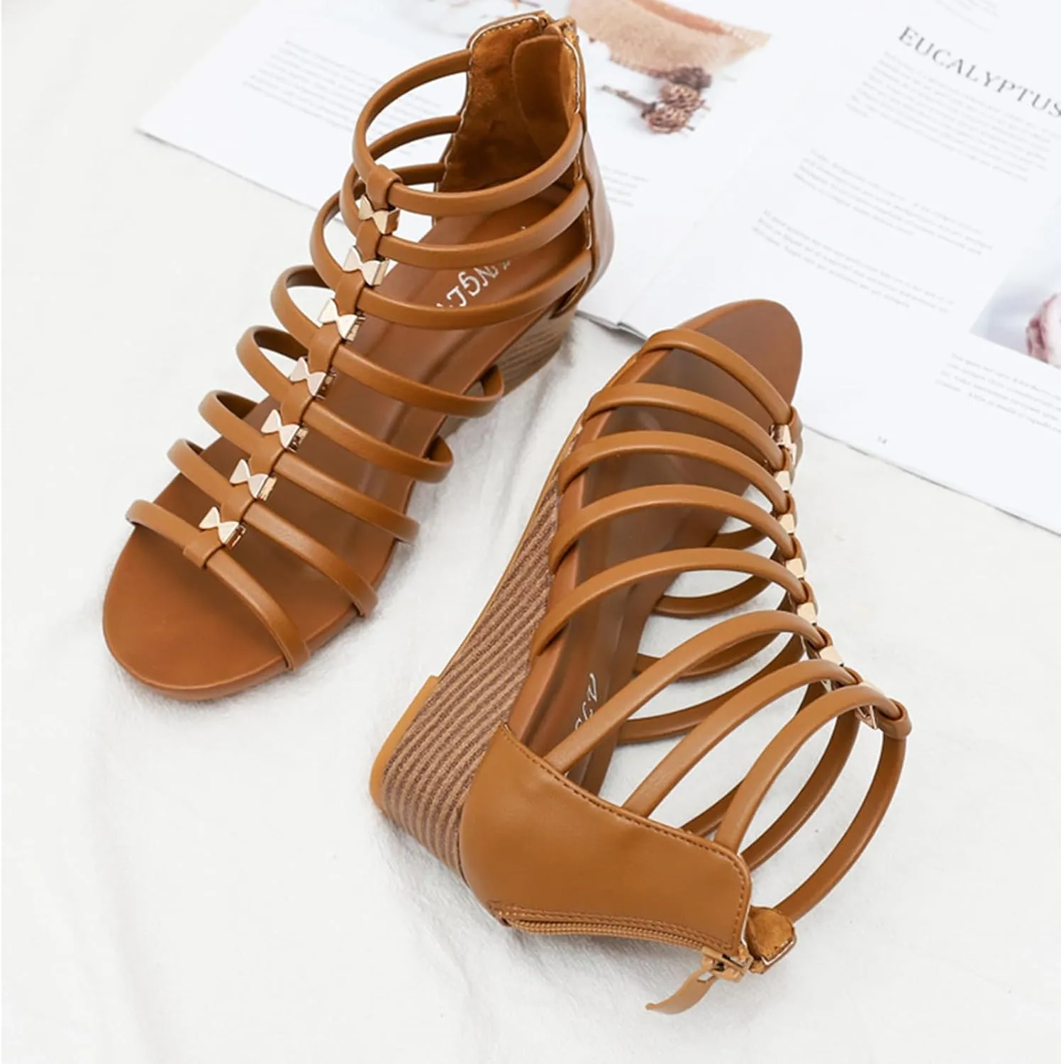 Women Gladiator Sandals Retro Wedge Heel Zipper Strappy Sandal Roman Shoes Girls Summer Flat Beach Gladiators Zip Walking Comfortable Low Open Toe Slip On Wedges Arch Support Casual Elegant