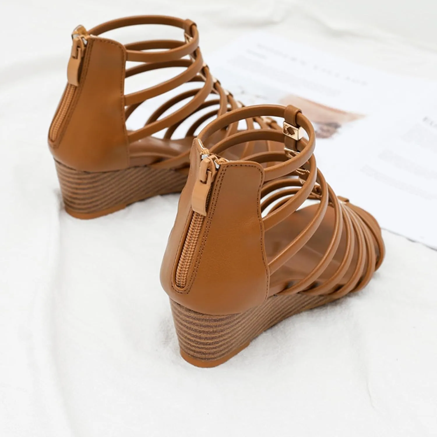 Women Gladiator Sandals Retro Wedge Heel Zipper Strappy Sandal Roman Shoes Girls Summer Flat Beach Gladiators Zip Walking Comfortable Low Open Toe Slip On Wedges Arch Support Casual Elegant