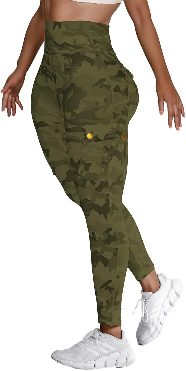 Women High Waist Cargo Leggings Workout Leggings Tummy Control Yoga Pants with Pocket