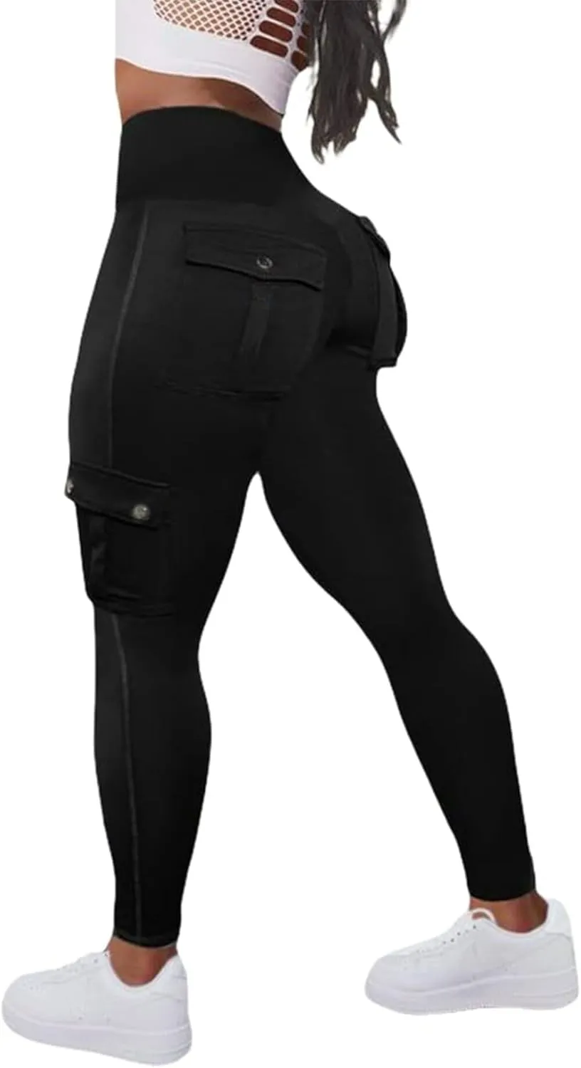 Women High Waist Cargo Leggings Workout Leggings Tummy Control Yoga Pants with Pocket