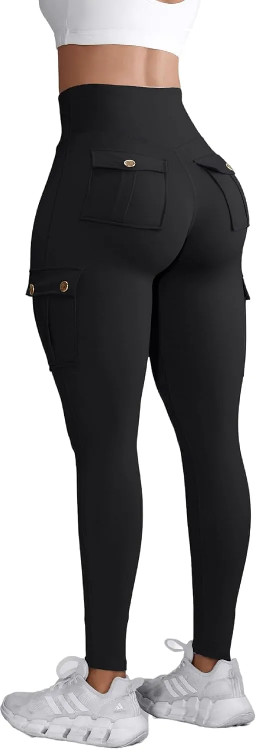 Women High Waist Cargo Leggings Workout Leggings Tummy Control Yoga Pants with Pocket