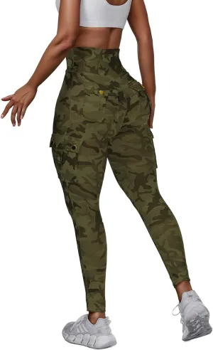 Women High Waist Cargo Leggings Workout Leggings Tummy Control Yoga Pants with Pocket