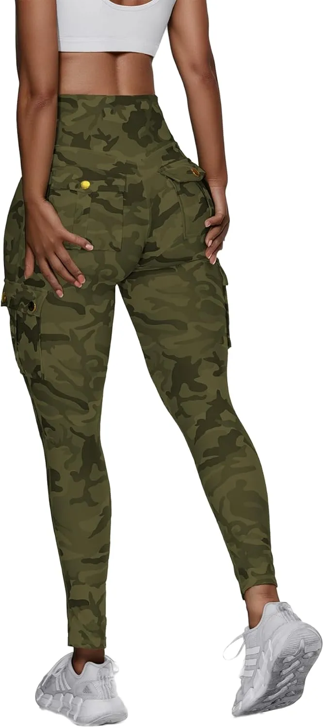 Women High Waist Cargo Leggings Workout Leggings Tummy Control Yoga Pants with Pocket