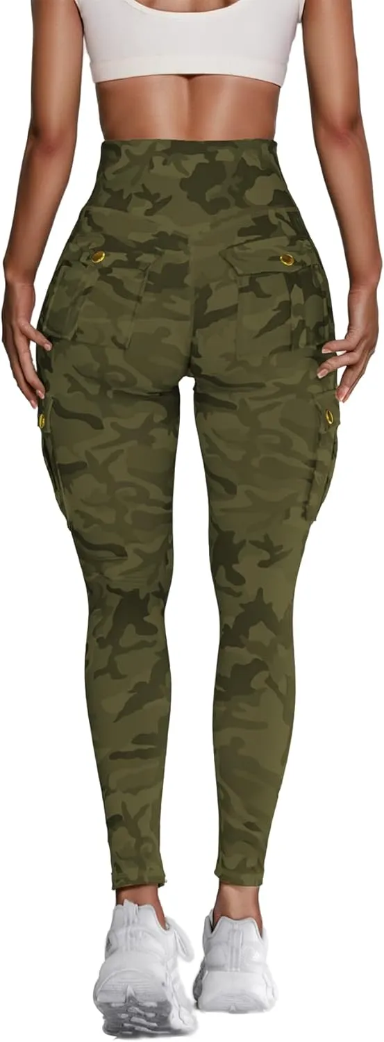 Women High Waist Cargo Leggings Workout Leggings Tummy Control Yoga Pants with Pocket