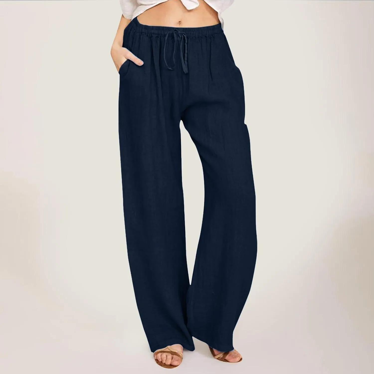Women High Waist Wide Leg Pants 2024 Fashion Drawstring Elastic Beach Trousers Summer Comfy Straight Leg Long Pants Pockets